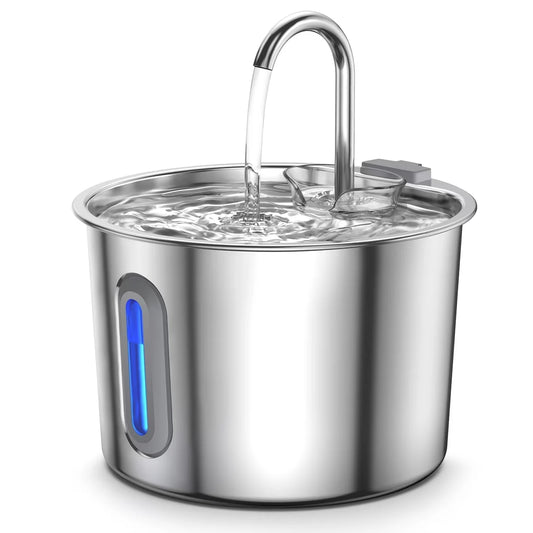 HandyNest stainless steel pet water fountain, 2.2L, with faucet spout and water-level window