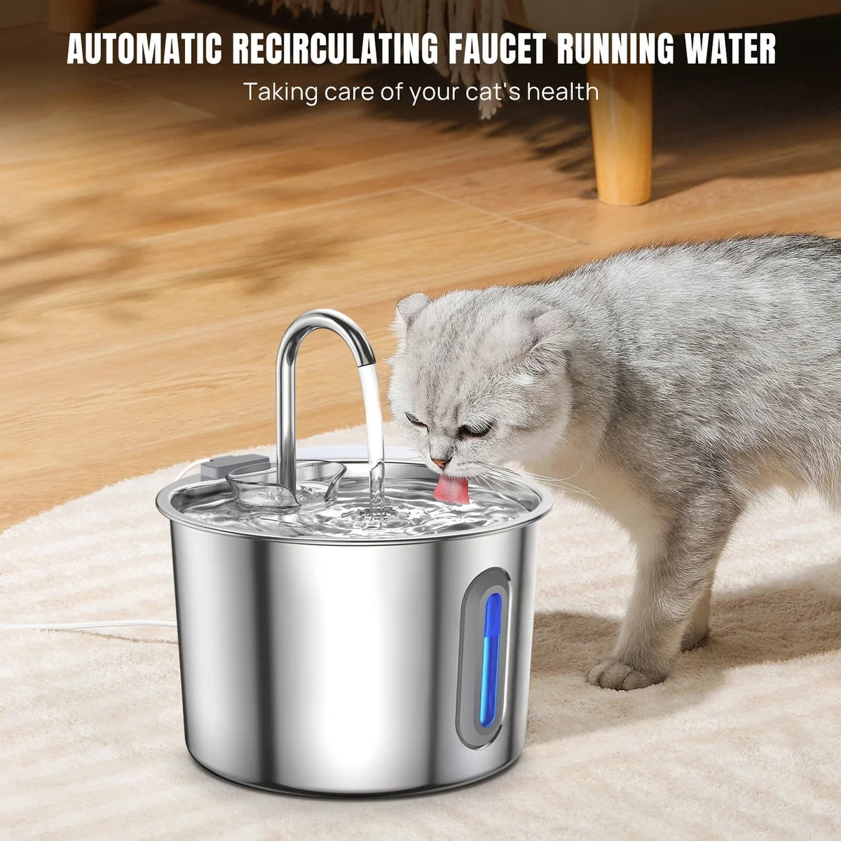 Cat drinking running water from the faucet of the stainless steel pet fountain