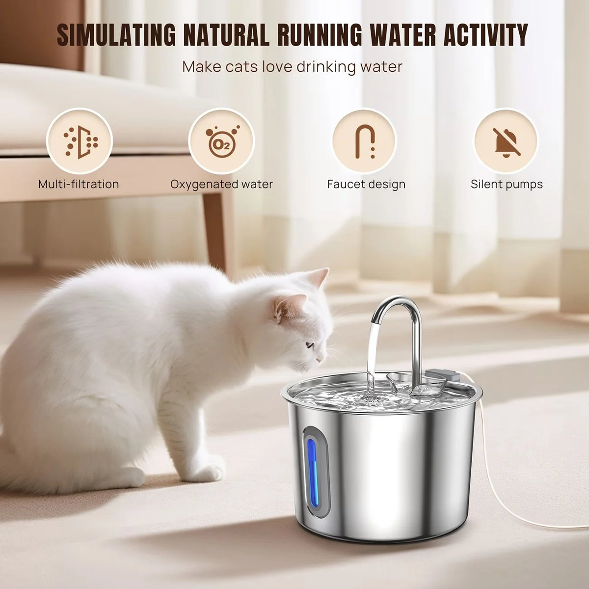Pet fountain key features: multi-filtration, oxygenated water, faucet design, quiet pump