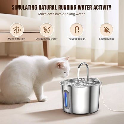 Pet fountain key features: multi-filtration, oxygenated water, faucet design, quiet pump