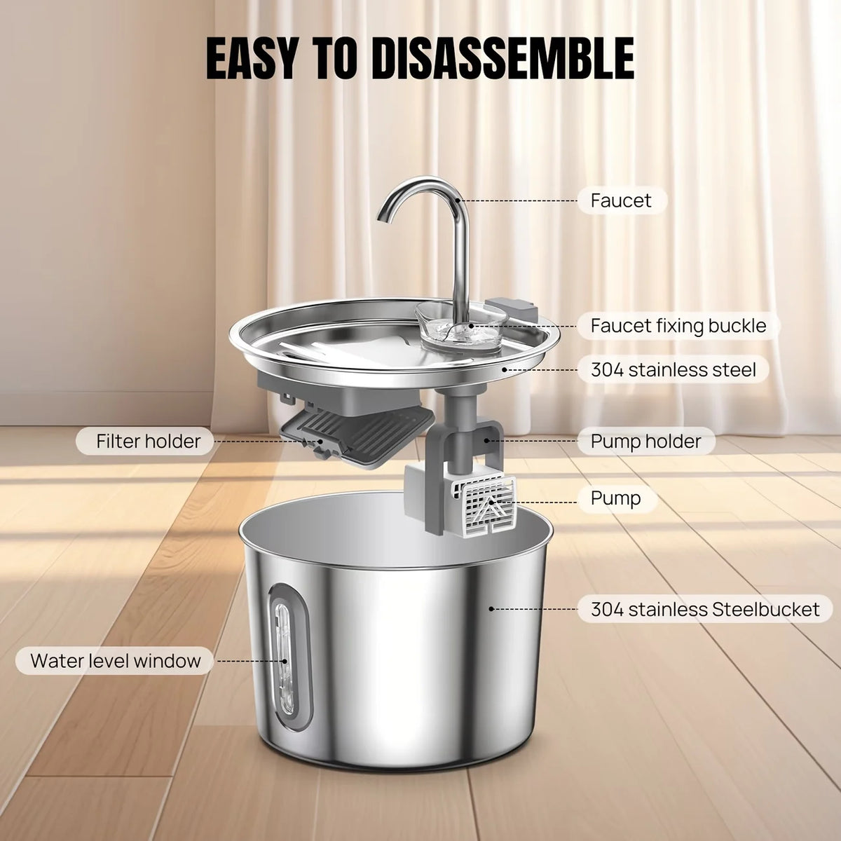 Pet fountain parts: faucet, 304 stainless steel tray and bucket, pump and filter holder