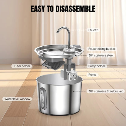 Pet fountain parts: faucet, 304 stainless steel tray and bucket, pump and filter holder
