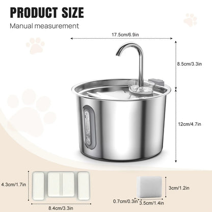 Pet fountain dimensions: 17.5cm wide, 12cm bowl height plus 8.5cm faucet, with filter sizes