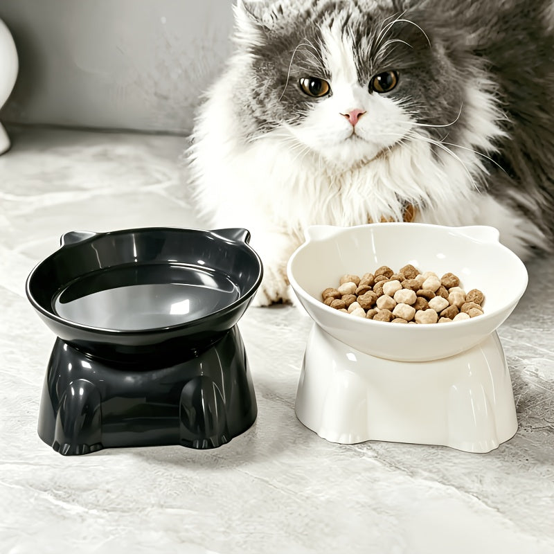 Grey and white cat sitting behind black and white raised bowls