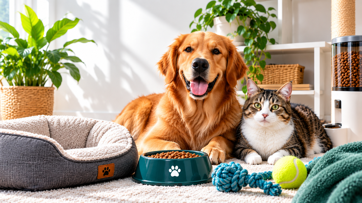 Golden retriever and tabby cat relaxing together beside a dog bed, bowl and toys